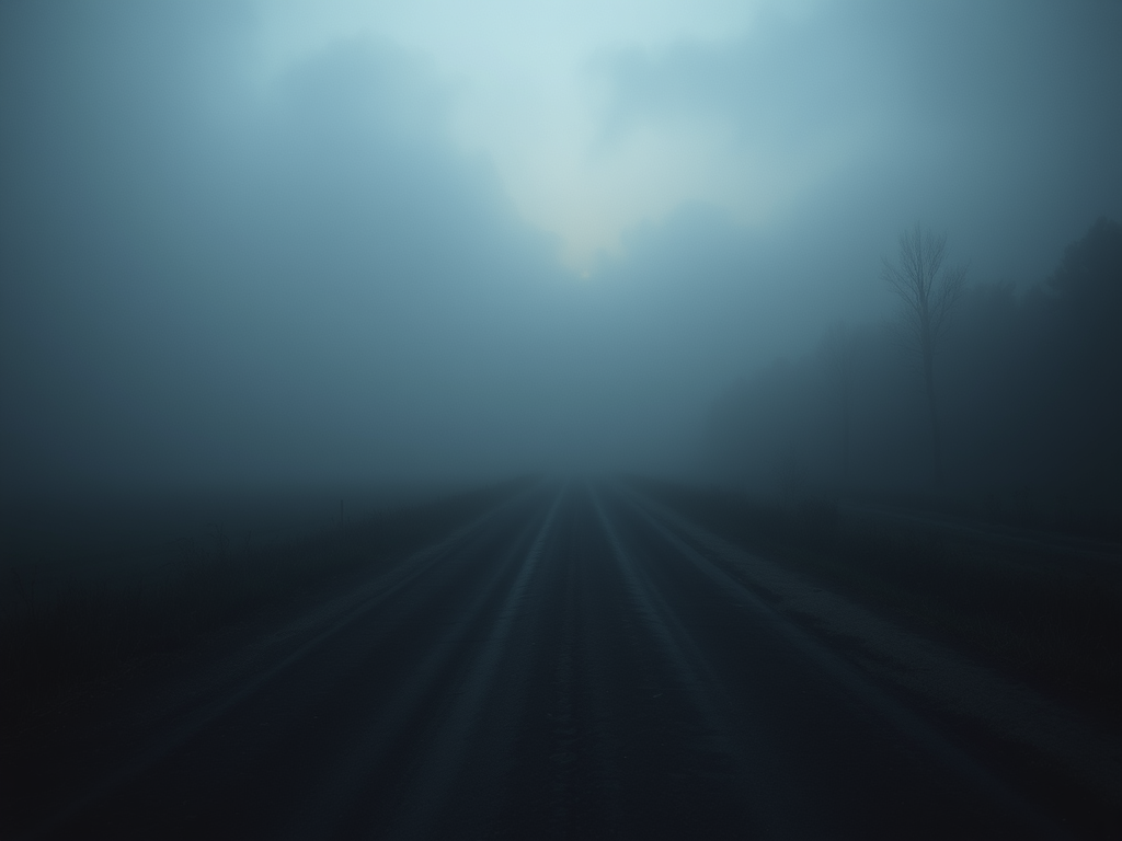 A foggy road stretching into the distance, surrounded by shadows and muted colors, evoking a sense of mystery and contemplation.